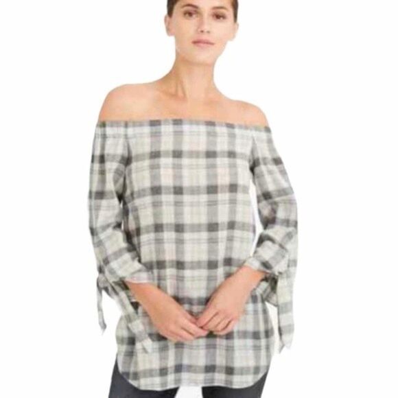 Club Monaco Blouse Women’s Size 00 Off The Shoulder Gray Plaid Wool Blend Top - Picture 9 of 9